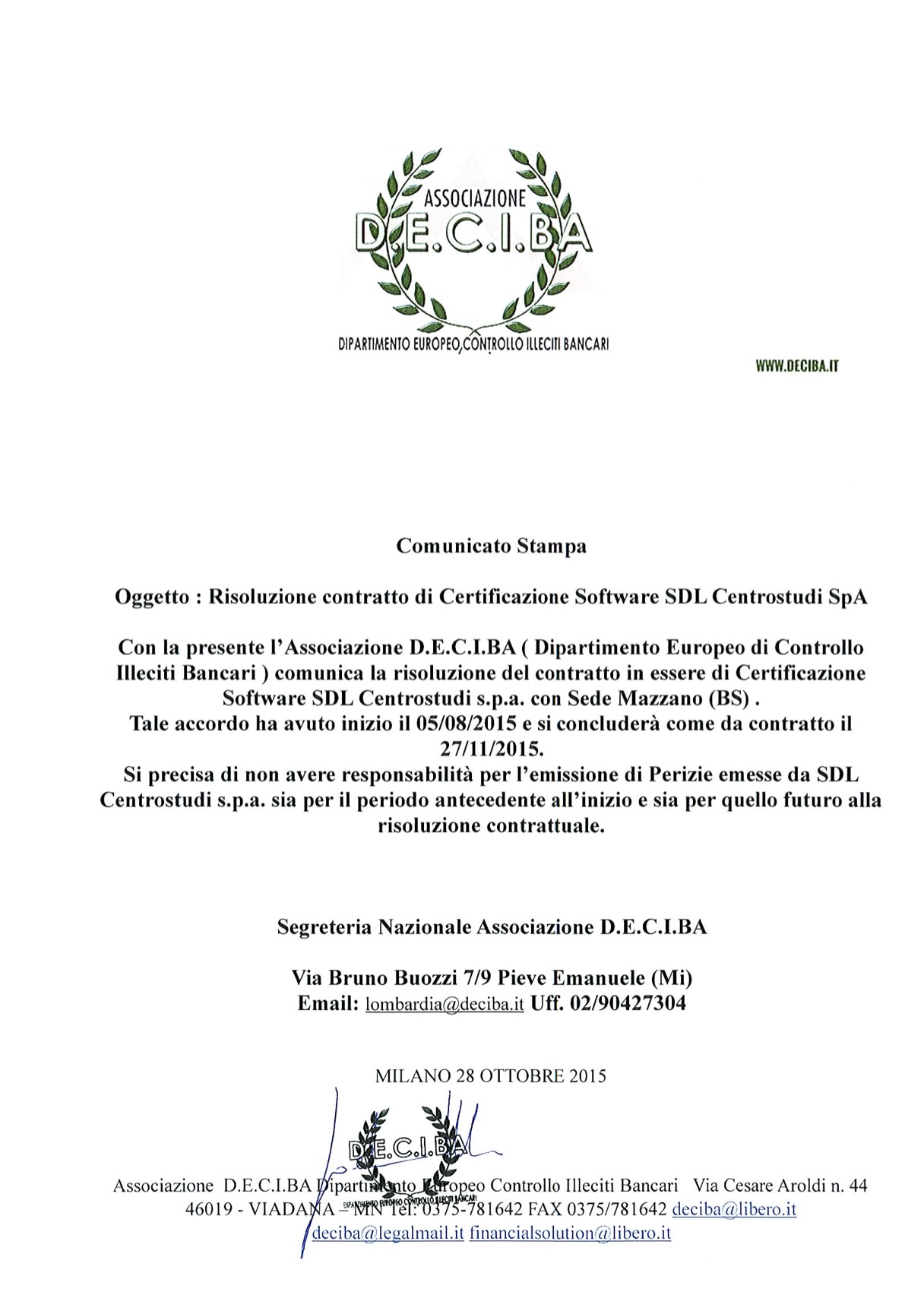 Risoluzione contratto di Certificazione Software SDL Centrostudi SpA